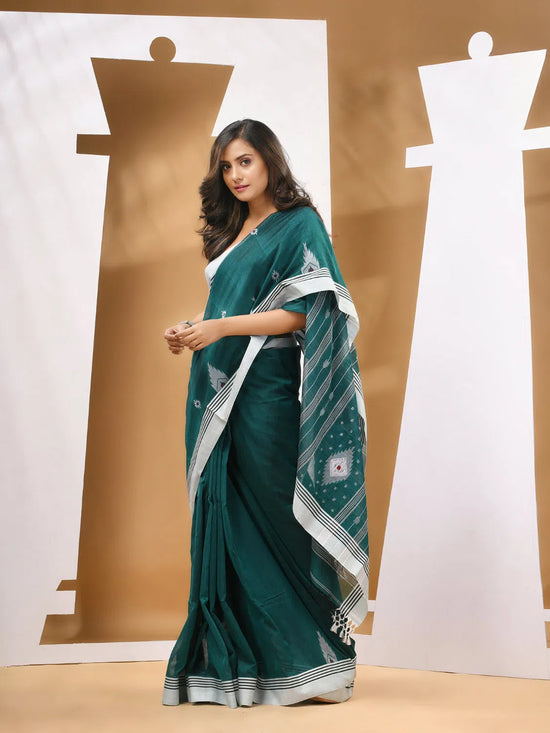 Teal Green Cotton Handwoven Soft Saree With Texture Motifs-MA53CT041490070