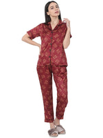 Smarty Pants Women's Silk Satin Maroon Color Pooh Print Night Suit