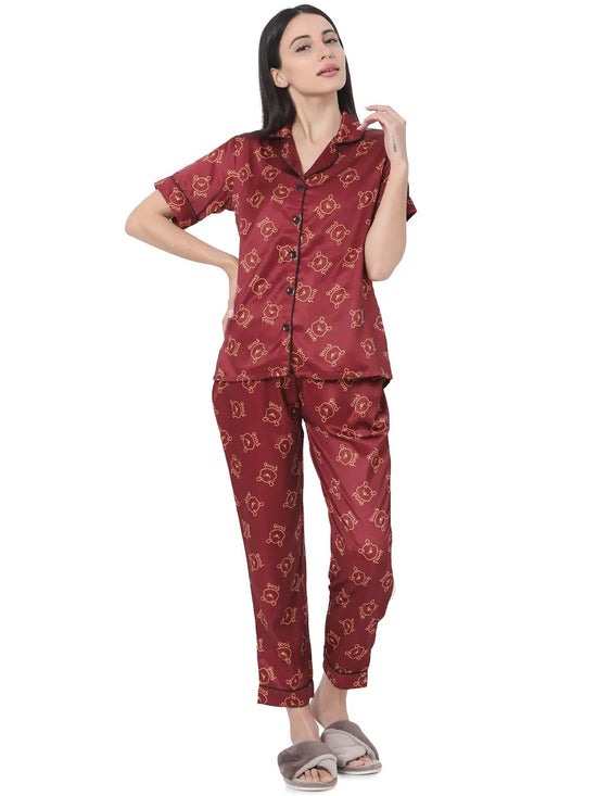 Smarty Pants Women's Silk Satin Maroon Color Pooh Print Night Suit