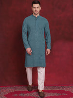 Sequin Embroidered Pure Cotton Kurta with Pyjamas-JOKP-P-5028Blue