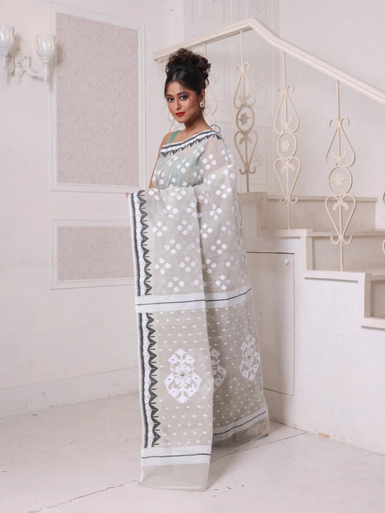 Ecru Cotton Handwoven Jamdani Saree-MA64JM401380034