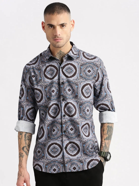 Men Spread Collar Abstract Grey Casual Shirt-PELSIC-2249-Grey