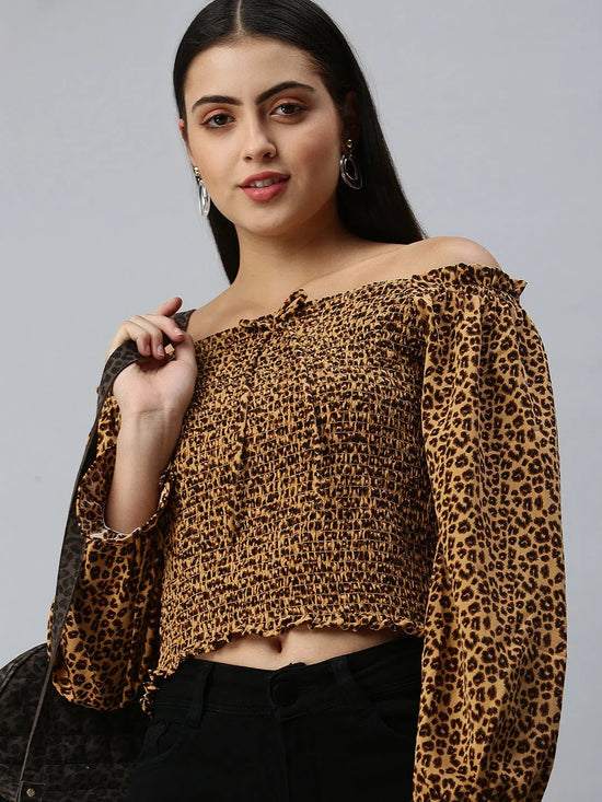 Women's Printed Brown Top-AE-10271-Brown