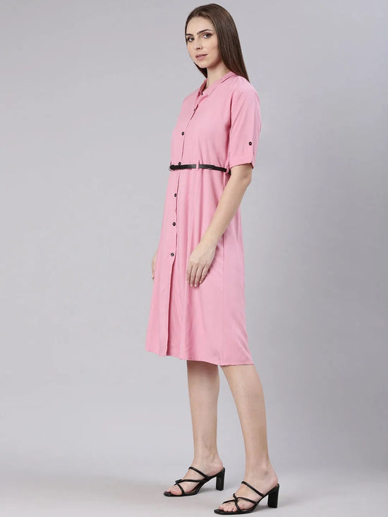 Women Pink Solid Shirt Dress-DF-1439-Pink