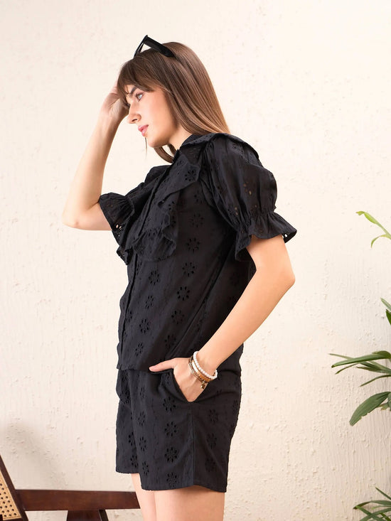 Women Black Schiffli Shirt With Paperwaist Shorts