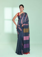 Dark Grey Cotton Saree With Stripes Design-MA59CT06530002