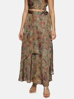 Floral Brown Asymmetrical Flare Maxi Skirt-17355