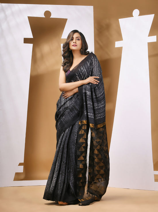 Black And White Matka Handwoven Saree With Shibori Designs-MA53MT063080043