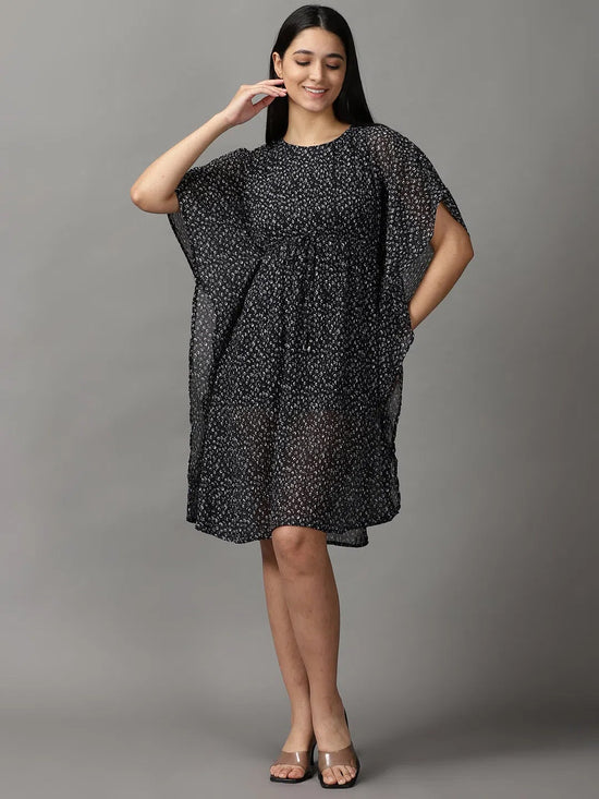 Women's Black Geometrical Kaftan Dress-AE-15695-Black