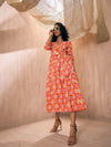 Women Orange Ikat Neck Gathered Belted Midi Dress