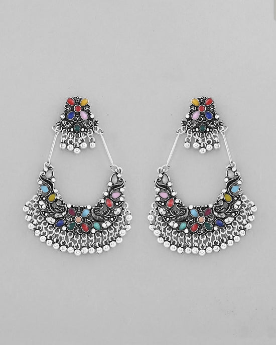 Silver plated Multi Colour Peacock Oxidized Contemporary Earrings-VOJ375