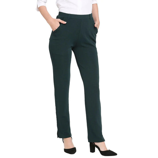 Smarty Pants Women's Cotton Lycra Straight Leg Bottle Green Color Formal Trouser