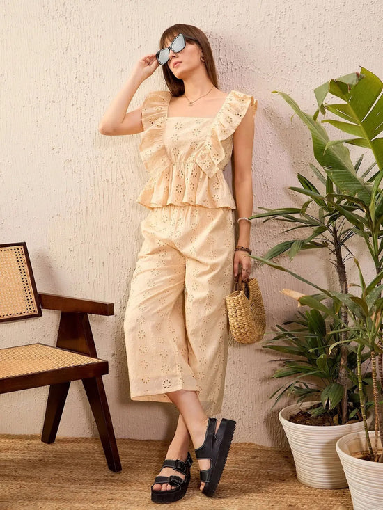 Women Beige Schiffli Peplum Top With Palazzos