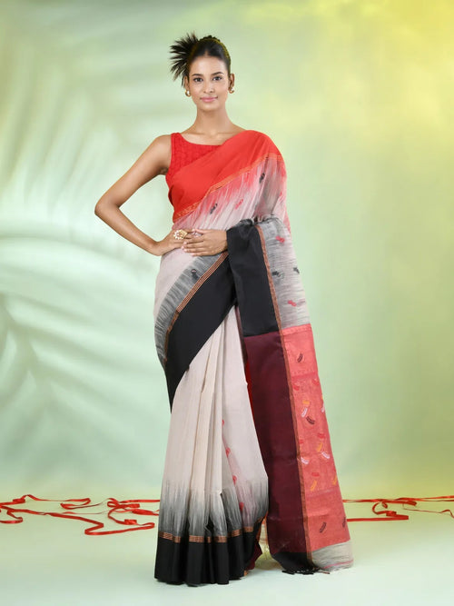 Ecru Cotton Ikat Saree With Ganga Jamuna Border-MA66BCT431380074