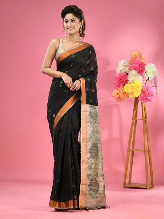 Black Cotton Blend Handwoven Saree With Jute Weaving Pallu-MA51BCT431930032