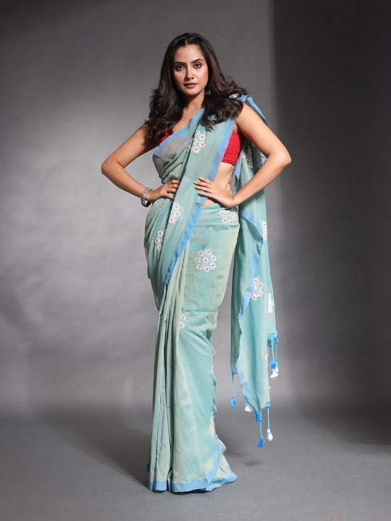 Sea Green Pure Cotton Soft Saree With Floral Embroidery Work-MA54CT33580087