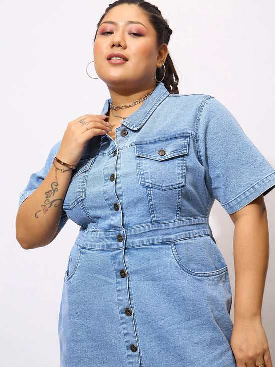 Women Navy Denim Acid Wash Front Button Shirt Dress