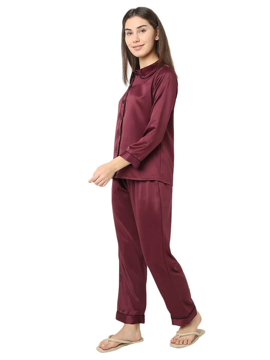 Smarty Pants Women's Silk Satin Wine Color Night Suit-SMNSP-925C-S