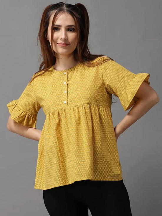 Women's Mustard Printed Peplum Top-SKF-087-4-Mustard