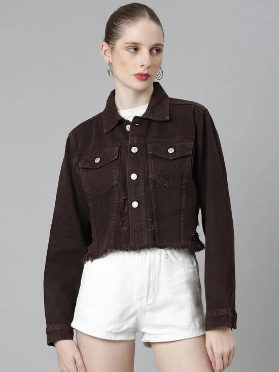 Women Coffee Brown Solid Denim Jacket-GZ-5599-Coffeebrown