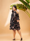 Women Black Floral Print Back Smocking Detail Skater Dress