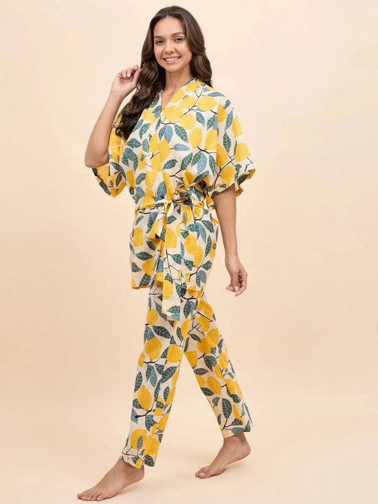 Kurta Pyjama with Kaftan Overlay Set in Yellow Lemon Print