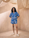 Women Blue Poplin Floral Notch Collar Shirt With Shorts