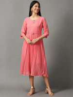 Women's Pink Solid Fit and Flare Dress-KG-8045-Pink