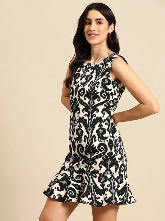 Shift Dress with flare at the hem in Black and Cream ikkat Print