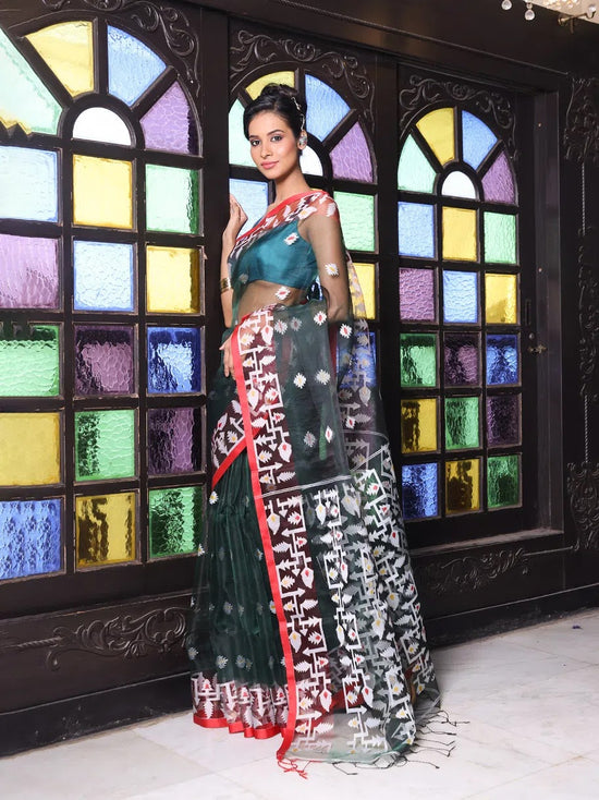 Emerald Green Muslin Saree With Jamdani Designs-MA64MS401190014