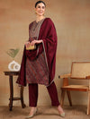 Ahika Women Maroon Cotton Blend Embroidered Straight Kurta Pant Set-VKSKD2185_XS