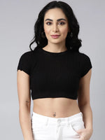 Women Black Self Design Fitted Crop Top-CHN-E210-Black