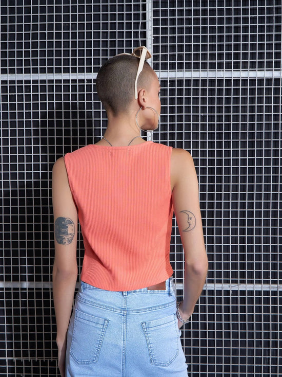 Women Peach Rib Contrast Stitch Crop Top