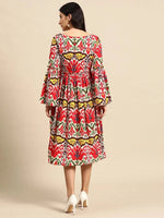 Midi Dress with bell sleeve in Red and Cream Ikkat Print