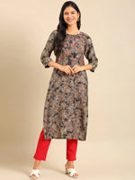 Women's Grey Embellished Straight Kurta-AT-A-757-Grey