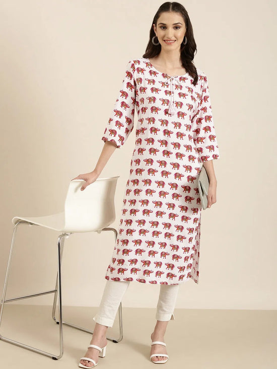 Women White Printed Straight Kurta-NJ-3613299-White