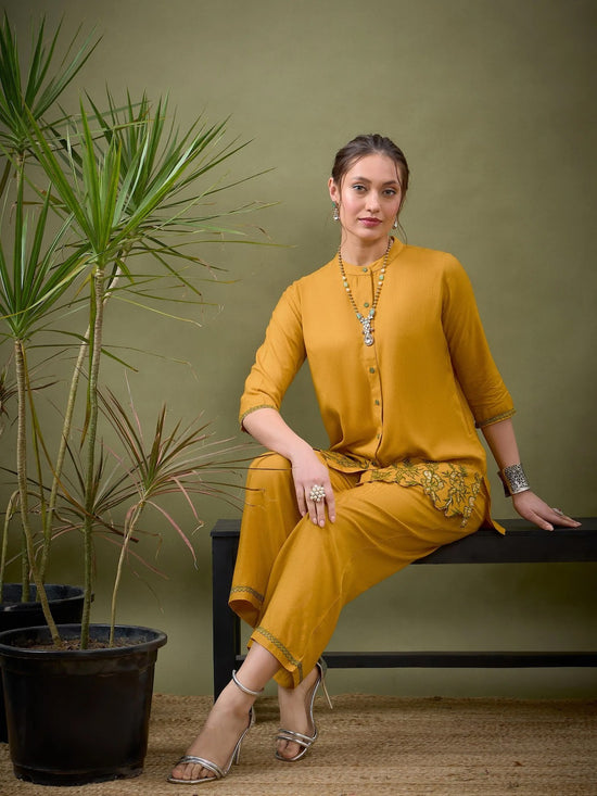 Women Mustard Placket Embroidered Shirt With Palazzos