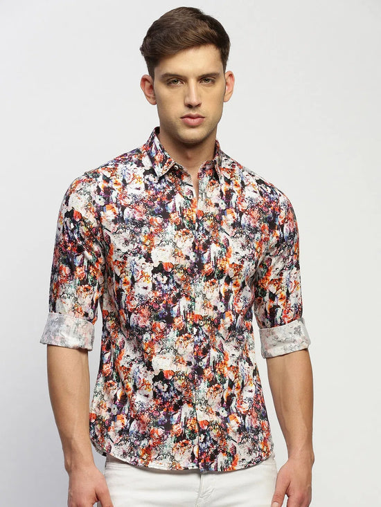 Men White Floral Shirt-PRISM-1696-White