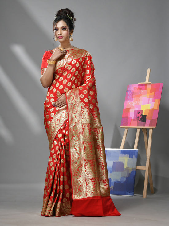 Red Silk Banarasi Saree With Damask Motifs And Paisley Degins-MA52BSL441050098