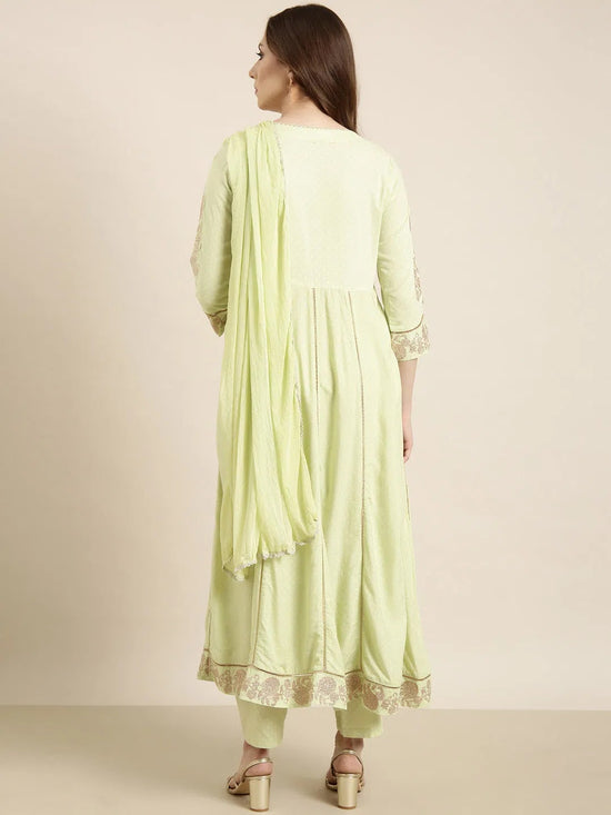 Women Anarkali Green Floral Kurta and Trousers Set Comes With Dupatta and Potli Bag-GW-3370-Green