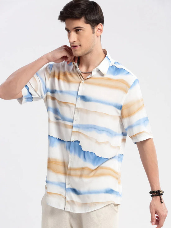 Men Spread Collar Abstract Off White Casual Shirt-ZEPTO-2221-Offwhite