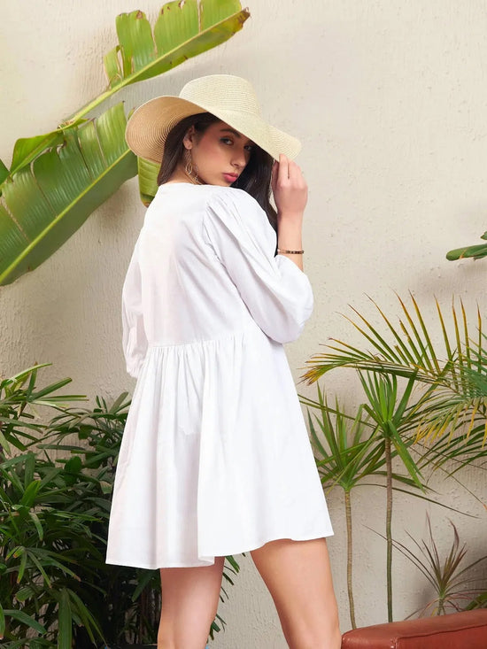 Women White Poplin Puff Sleeves Gathered Dress