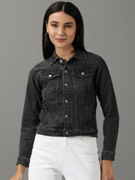 Women's Grey Solid Denim Jacket-GZ-5502-Grey