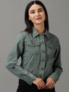 Women's Green Solid Denim Jacket-IM-10375-Green