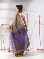 Ecru Cotton Saree With Sequine Work And Zari Stripe Pallu-MA55CT06520125