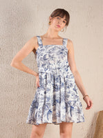 Women Blue Floral Belted Short Dress