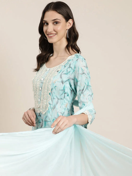 Women Turquoise Blue Floral Kurta Set-UB-008-Turquoiseblue