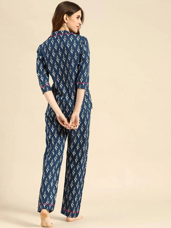 Shirt with Pyjama Set in Blue Ikkat Print