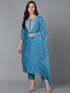 Ahika Women Blue Poly Silk Embroidered Straight Kurta Pant Set With Dupatta-PKSKD1588_XS