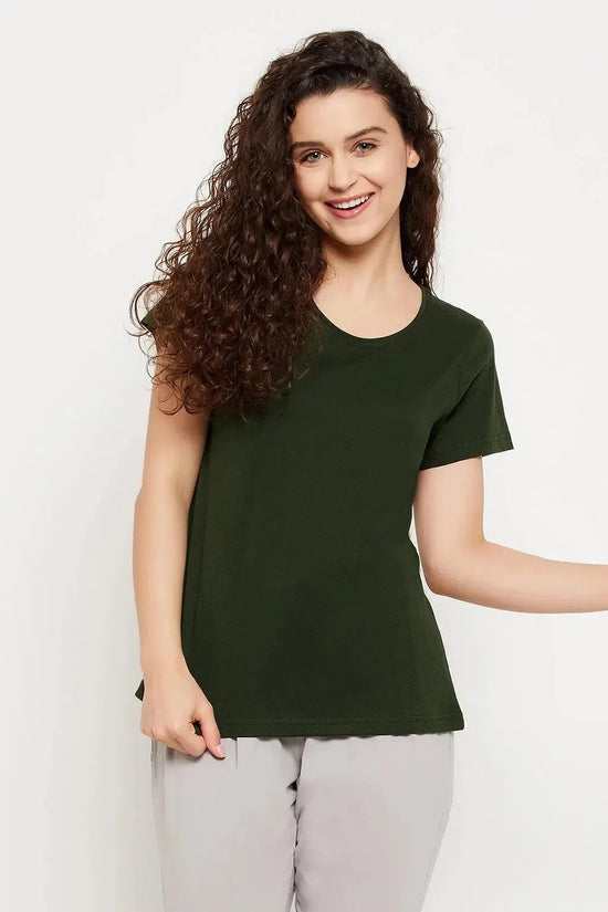 Clovia Chic Basic T-shirt in Bottle Green - 100% Cotton